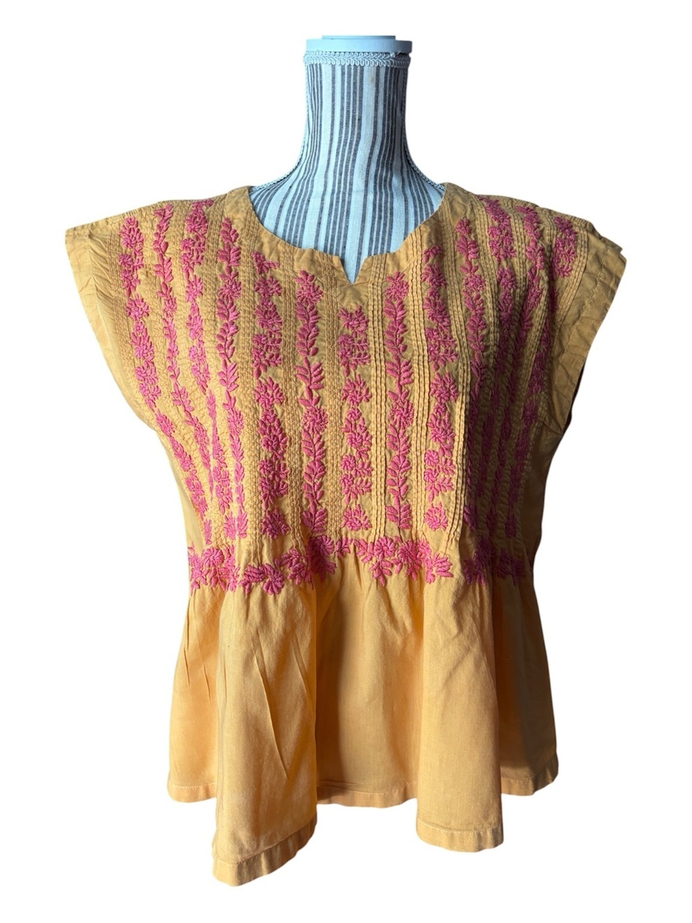 Ivy Jane Embroidered Flutter-Sleeve Top - Yellow/mustard with Pink Embroidery